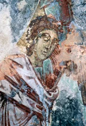 Mannelijke figuur, beschadigde fresco op plafond van kerk van Agios Vasileios, Vavouledo, Kreta, Griekenland (foto)