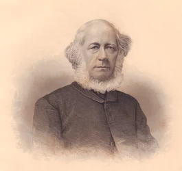 Portret van Amerikaanse leraar en Methodistische Bisschop Erastus Wentworth (1813-1886), gravure door F E Jones uit ladies