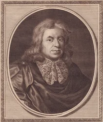 Portret van de Engelse arts Thomas Sydenham, kopergravure door John Goldar naar schilderij van P Lely