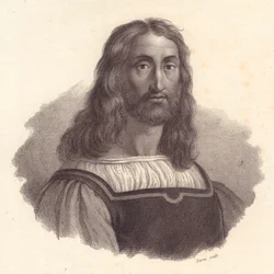 Portret van de Italiaanse graveur Marcantonio Raimondi, kopergravure door Barni naar schilderij van Raffaello Sanzio