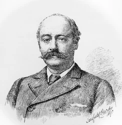 Portret van Sir Charles Hubert Hastings Parry, Engelse componist, leraar en muziekgeschiedkundige, gravure naar tekening van Dorofield Hardy