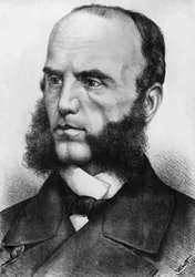 Portret van Wilhelm von Tegetthoff, Oostenrijkse admiraal, hij voerde het bevel over de zeestrijdkrachten tijdens de Tweede Sleeswijkse Oorlog in 1864 en de Oostenrijks-Pruisische Oorlog in 1866, gravure naar tekening van Watt