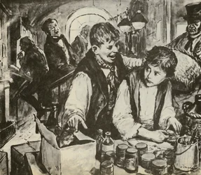 Charles Dickens als jongen in de zwartmakerij (litho)