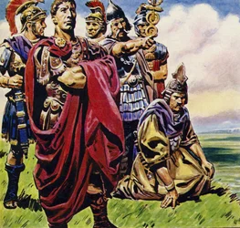 Na de verovering van Gallië zette Julius Caesar zijn zinnen op Brittannië (kleurenlitho)