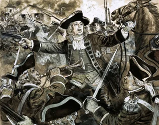Koning George de Tweede op het slagveld bij Dettingen (gouache op papier)