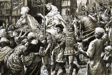 Het Engelse volk verwelkomt het rebellenleger van koningin Isabella en Roger Mortimer