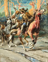 The Exploits of a Highwayman (gouache op papier) Na elke overval leek William Page zichzelf te kunnen wegcijferen - tot de volgende van zijn gedurfde escapades; zijn reeks successen werd gestopt bij een poging tot overval op de Great North Road;