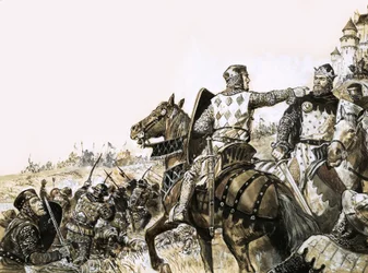 Ongeïdentificeerde gevechtsscène met soldaat die naar King wijst