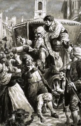 Ongeïdentificeerde scène (17e/18e eeuw) van man die uit een koets wordt gedragen