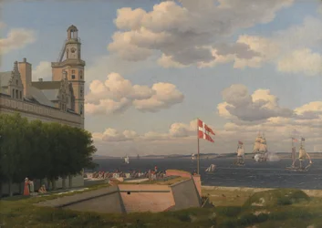 Een uitzicht naar de Zweedse kust vanaf de wallen van Kasteel Kronborg