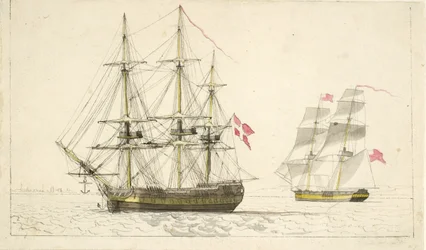 Een Deense fregat voor anker en een Engelse brik onder zeil
