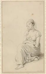 Een vrouw die tegen een steenblok leunt en slaapt