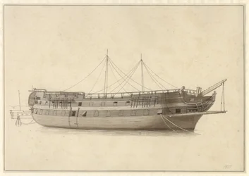 Het linieschip Denemarken in de vlootbasis voor het plaatsen van de mast