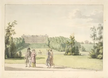 Uitzicht vanaf de Frederiksberg tuin bij het kasteel en de Apistempel