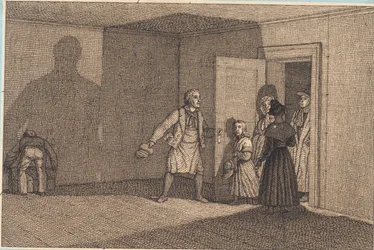 Reizigers krijgen hun kamer te zien. Illustratie voor "Linearperspectiven", Plaat VIII