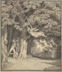 Het Bos bij Skjoldnæsholm met een Jonge Man die een Jong Meisje Zwiert