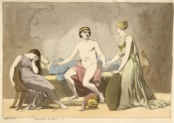 Thetis brengt wapens naar Achilles, die rouwt bij het lichaam van Patroklos