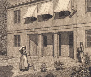 Buiten een villa. Illustratie voor "Linearperspectiven", Plaat V