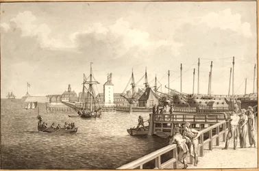 Uitzicht vanaf Langelinie richting Nyholm, rechts de vlootbasis