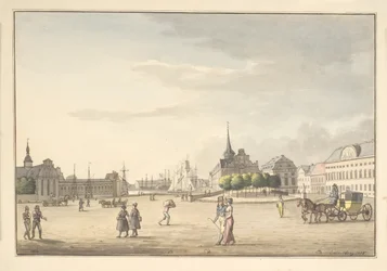 Uitzicht vanaf het Slotplein naar de Beurs en de bank
