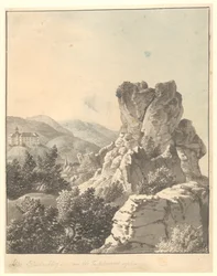 Uitzicht vanaf Harzen, vanaf Teufelsmauer, het Blankenburg Kasteel op de achtergrond