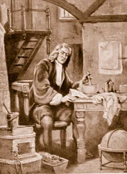 Sir Isaac Newton in zijn kleine kamer