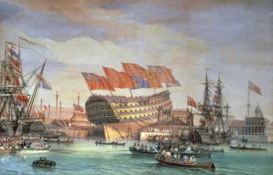 De Te Water Lating van HMS "Trafalgar" in Chatham, juli 1820
