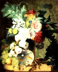 Stilleven met bloemen en vissenkom