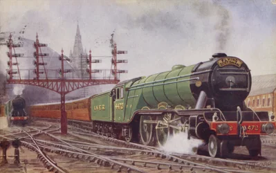 Londen en Noordoostelijke Spoorweg Flying Scotsman trein vertrekt van Kings Cross Station, Londen