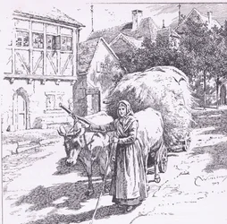 Karren getrokken door ossen denderden door de stille straten, uit 