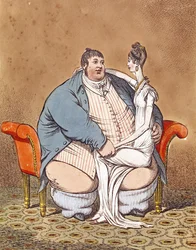 Dik en Dun - Daniel Lambert vergeleken met een magere vrouw op zijn knie, 1806