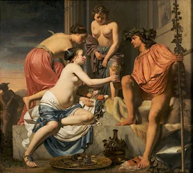 Bacchus op een troon - Nimfen die Bacchus wijn en fruit aanbieden