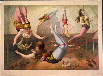 Vrouwelijke acrobaten op trapezes in het circus, ca. 1890