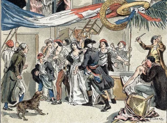 De arrestatie van Charlotte Corday na de moord op Jean-Paul Marat in 1793. Illustratie van Camille Gilbert uit 1890.