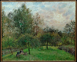 Appelbomen en populieren in een zonsondergang