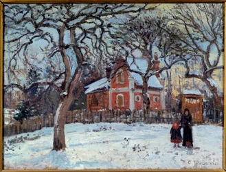 Kastanjeboom en landschap van Louveciennes in de sneeuw. Schilderij van Camille Pissarro (1830-1903), 1872. Zon. 0,41 x 0,52 m, Parijs, Musée d