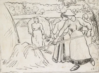 Compositorische studie van oogsters in een landschap, ca. 1893