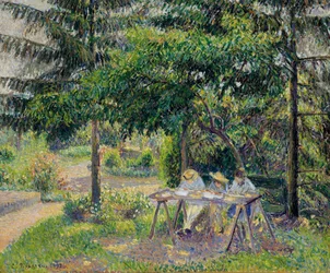 Kinderen aan tafel in de tuin in Eragny