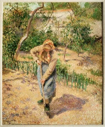 Boerin graaft in boomgaard (olieverf op doek)