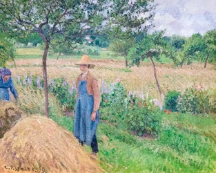 Tuinman bij een hooiberg, bewolkte lucht, Eragny