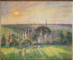 Landschap bij Eragny: kerk en boerderij van Eragny (olieverf op doek)