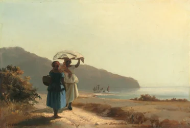 Twee pratende vrouwen bij de zee, St. Thomas
