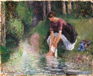 Vrouw die Haar Voeten Wast in een Beek