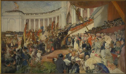 De patriottische viering van de vijftigste verjaardag van de Belgische onafhankelijkheid