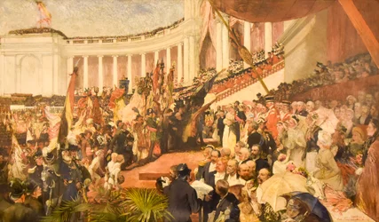 De patriottische viering van de vijftigste verjaardag van de Belgische onafhankelijkheid