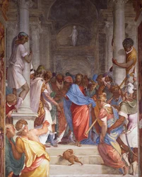 Overspelige vrouw voor Christus, fresco in het priesterkoor van de kerk van San Sigismondo, Cremona, Italië
