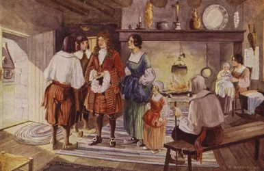 Een bezoek van de magistraat (kleurenlitho)