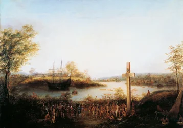 Jacques Cartier plaatst kruis bij Stadacona waar nu de stad Quebec staat