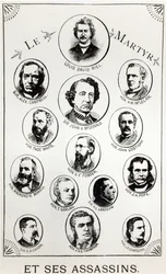 Louis Riel (1844-85) en zijn moordenaars, illustratie uit Le Gibet de Regina, gepubliceerd 1886