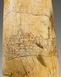 Kruithoorn, gegraveerd met een kaart van de St. Lawrencerivier in het gebied van Quebec